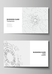 The minimalistic abstract vector layout of two creative business cards design templates. Network connection concept with connecting lines and dots. Technology design, digital geometric background.