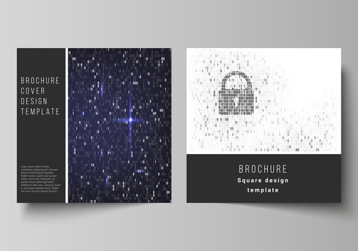 The minimal vector layout of two square format covers design templates for brochure, flyer, magazine. Binary code background. AI, big data, coding or hacker concept, digital technology background.