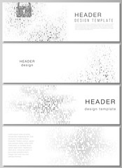 The minimalistic vector illustration of the editable layout of headers, banner design templates. Binary code background. AI, big data, coding or hacker concept, digital technology background.