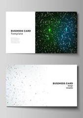 The minimalistic abstract vector layout of two creative business cards design templates. Binary code background. AI, big data, coding or hacker concept, digital technology background.