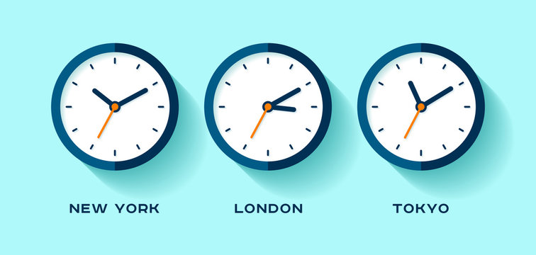 World time. Simple Clock icons in flat style. New York, London, Tokyo. Watch on blue background. Business illustration for you presentation. Vector design objects.