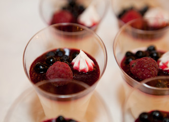 Close-up of dessert in a glass with berries raspberry and blueberry with cream and granola