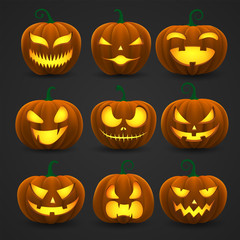 Set of halloween pumpkins, funny faces.