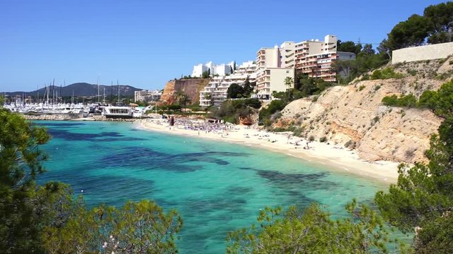Beautiful seaside beach on Mallorca island, view of Cala Portals Nous at coast of Bendinat, Spain Mediterranean Sea