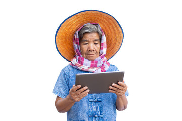 Happy old women farmer using tablet and joyful on a white background