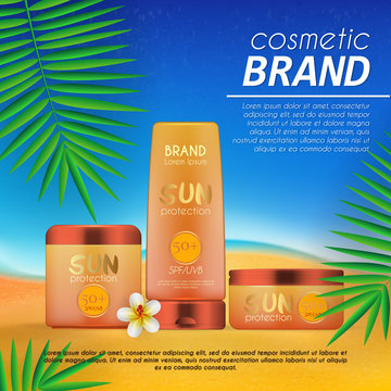 Summer sunblock cosmetic design template on beach background with exotic palm leaves. Realistic sun protection and sunscreen product ads.