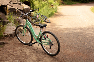 Women's bicycle on a bike path at a park.