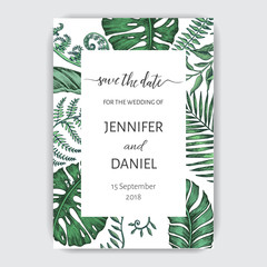 Template for wedding invitation. Illustration with exotic leaves.