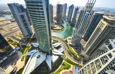 View on Dubai Marina skyscrapers and the most luxury superyacht marina