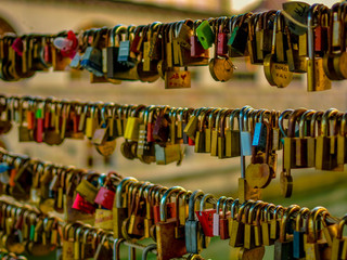 Locks on the Butcher's Bridge (Mesarski Most) in Ljubljana, capital of Slovenia. Lovers lock their love and throw the key into Ljubljanica river.