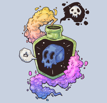 Magic bottle with poison. Mystical skull in a vessel. Cartoon illustration for print and web. Character in the modern graphic style.