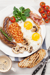 English breakfast. Fried eggs, sausages, bacon