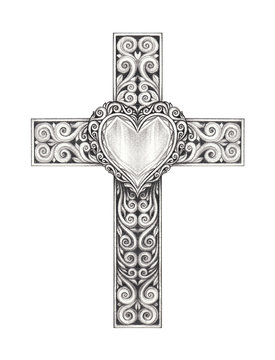 Art Design Heart mix Vintage Cross. Hand pencil drawing on paper.