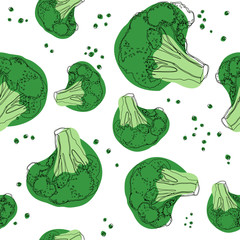 Broccoli seamless pattern on white background. Vector illustration.