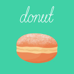 Filled deep fried cute yummy powdered sugar donut (doughnut) with isolated on background. Polish, czech, german, american, european cuisine. Vector hand drawn illustration.