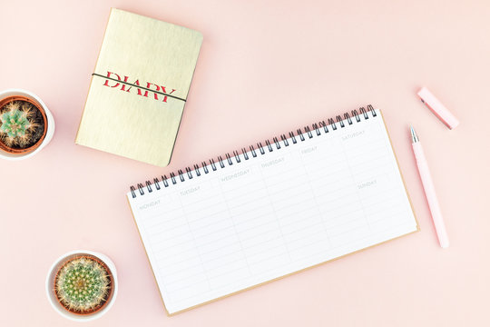 Top view of office workspace desk