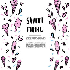 Pattern with hand drawn illustrations of ice cream.