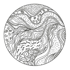 Circle pattern with lines and waves. Universal geometric texture. Mandala. Dinamic nautical background. Lineal wallpaper. Decorative style. Line art creation. Zen art. Zentangle. Coloring book