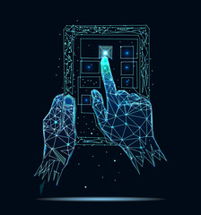 Hand holds tablet and finger touch vertical screen. Abstract image of a starry sky or space, consisting of points, lines, and shapes in the form of planets, stars and the universe. Low poly vector
