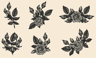 Rose vector lace by hand drawing.Beautiful flower on brown background.Rose lace art highly detailed in line art style.Flower tattoo on vintage paper. - obrazy, fototapety, plakaty