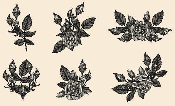Rose vector lace by hand drawing.Beautiful flower on brown background.Rose lace art highly detailed in line art style.Flower tattoo on vintage paper.