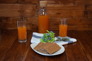 Fitness breakfast with freshly squeezed juice and crispbread