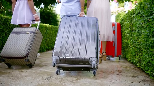 female travelers are walking and carrying suitcases in yard of hotel in summer day, back view of women