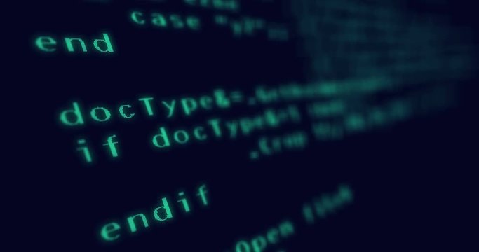 Coding of a computer program, type and scroll. Monitor screen stylized loopable seamless animation.