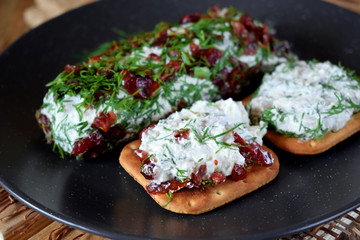 Canape made of crackers with forshmak. Cold snack