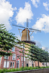 Fototapeta na wymiar Windmill beween modern appartment buildings in the center of Dordrecht, Netherlands