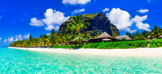 Gorgeous white sandy beaches and turquoise waters of Mauritius island - tropical paradise