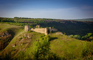 Fototapeta na wymiar Castle ruins on the hill in Kudryntsi. Podilia region, Ukraine.