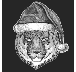 Wild cat, Leopard, Panther Christmas, new year celebration. Santa Claus winter hat. Xmas headdress.