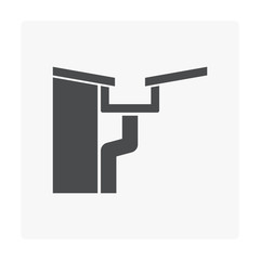 Box or square style gutter vector icon. Also call rain gutter or eavestrough. Include roof, downpipe or downspout and pipeline for water drainage system to protect building from rainwater falling.