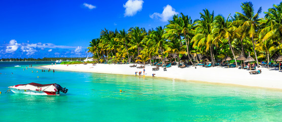 Fototapeta na wymiar Tropical vacations. Splendid white sandy beaches of Mauritius island