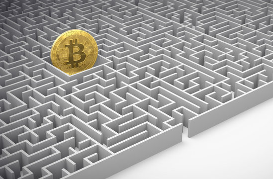 Bitcoin in the maze. Figuring out how to achieve an agreement about cryptocurrencies concept . 3D rendering