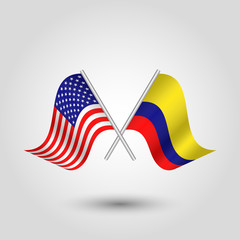 vector two crossed american and colombian flags on silver sticks - symbol of united states of america and colombia