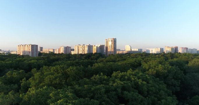 Aerial - city park, trees and buildings.