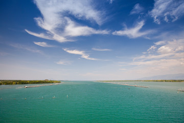 Floating fish farm in sea and clear sky background