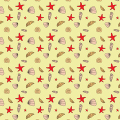 Seamless pattern of seashells. Marine background.