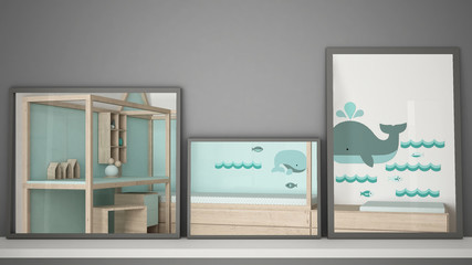 Three modern mirrors on shelf or desk reflecting interior design scene, bedroom nursery, minimalist white architecture interior design