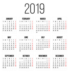 Creative vector illustration of 2019 year colorful calendar isolated on transparent background. Art design blank mockup template event planner. Week starts sunday. Abstract concept graphic element