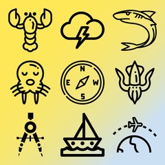 Vector icon set  about sea with 9 icons related to cephalopod, star, marine, freedom and cooked