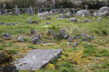Fototapeta na wymiar Ancient, historic stone celtic cemetery in Ireland with church ruins