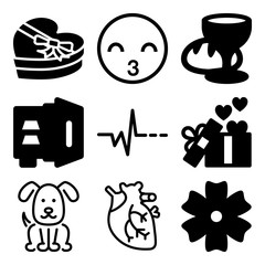 Vector icon set  about love with 9 icons related to disease, sugar, wine, bouquet and banking