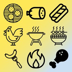 Vector icon set  about barbecue with 9 icons related to fork, garlic, roasted, raging and recipe