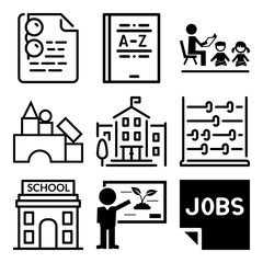 Naklejka na ściany i meble Vector icon set about education with 9 icons related to pattern, interview, calculator, open and school