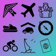 Vector icon set  about adventure with 9 icons related to hipster, street, sailboat, hang-glider and watercraft