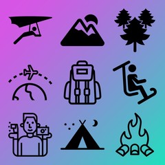 Vector icon set  about adventure with 9 icons related to alpine, powder, black, heat and morning