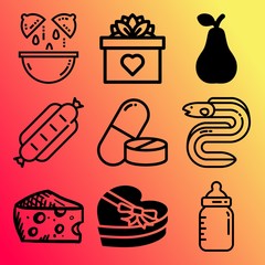 Vector icon set  about food with 9 icons related to slice, sweet, box, dieting and red